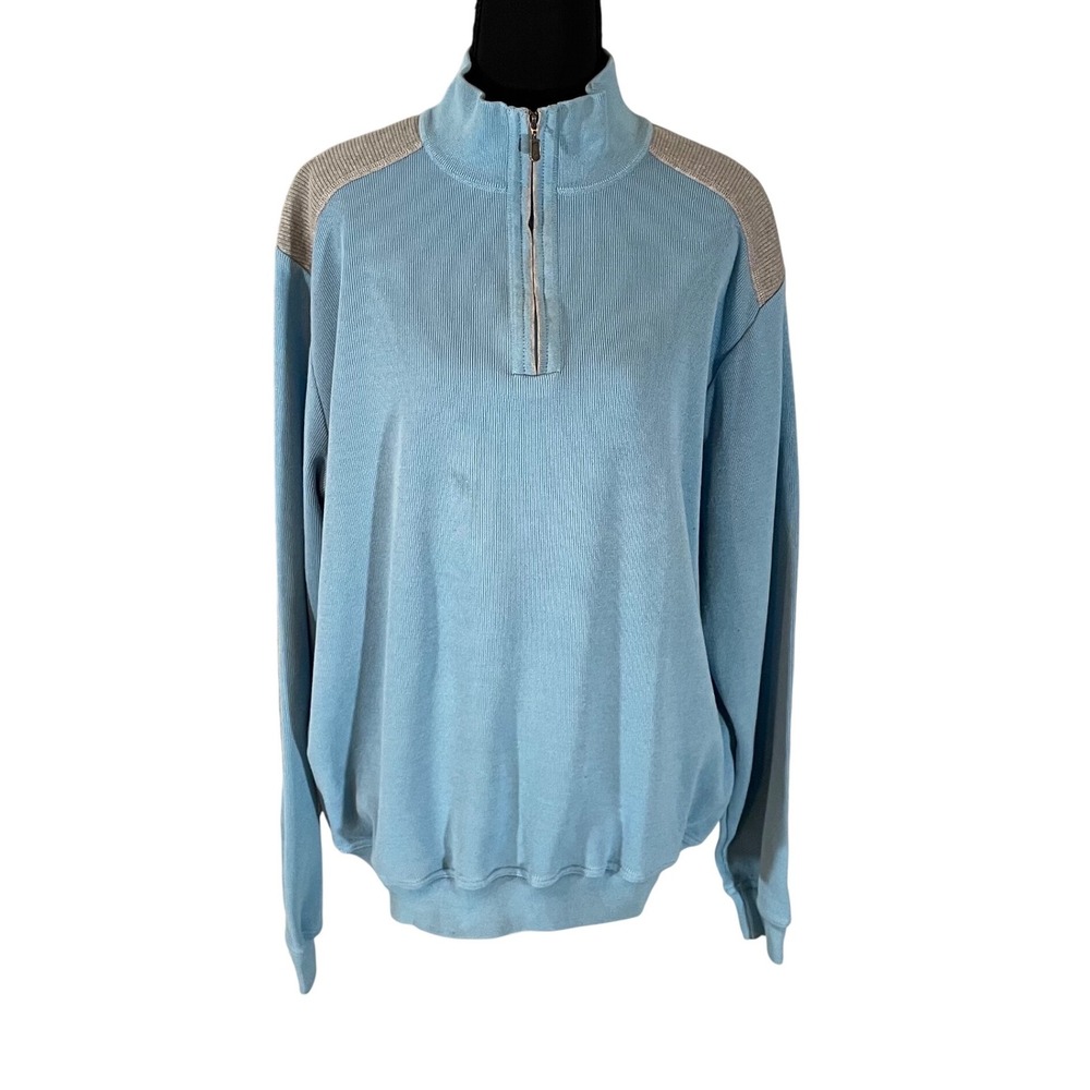 St. Croix Shop Mens Blue Ribbed‎ Quarter Zip Sweater Elbow Patches Large USA